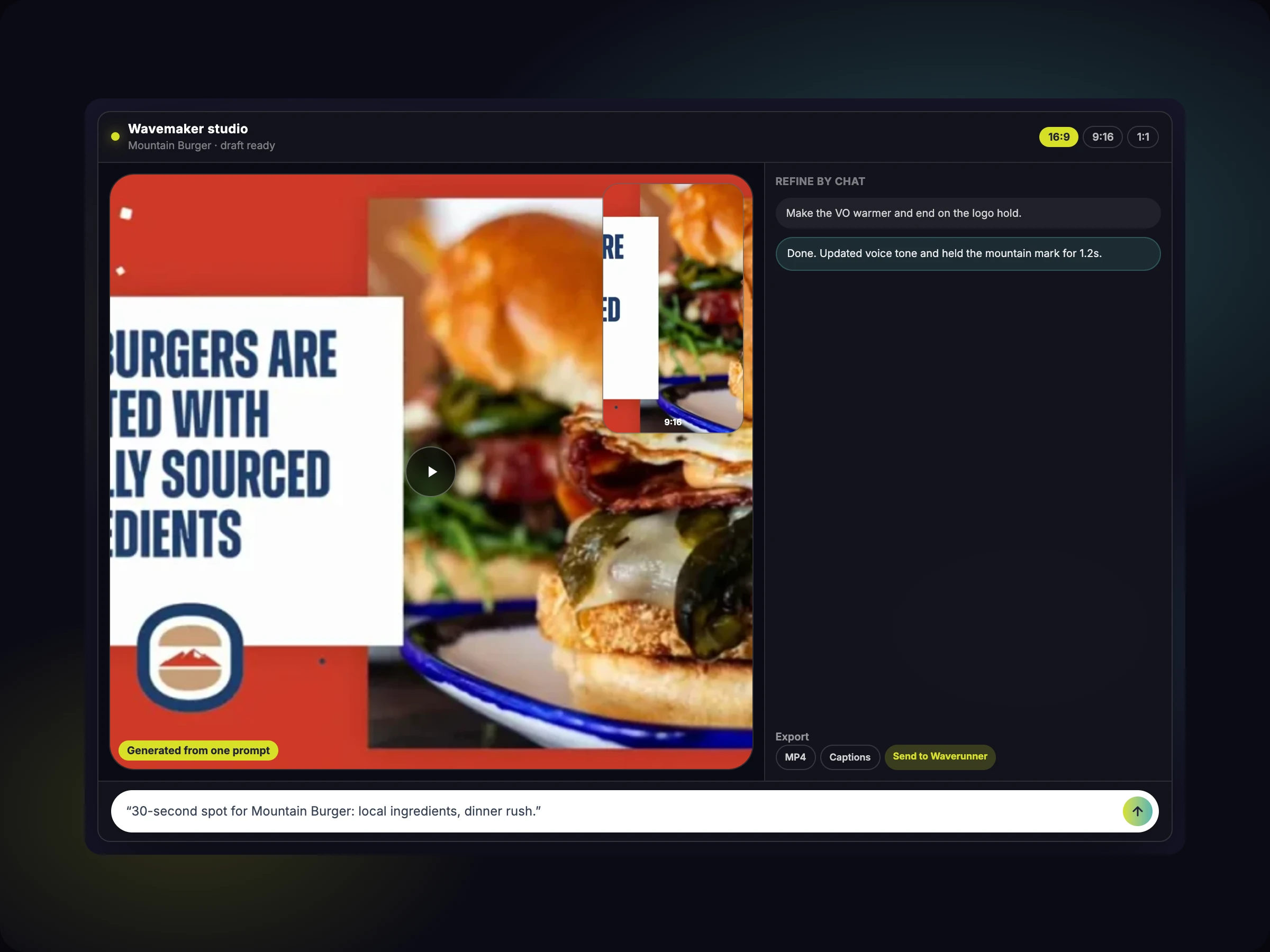 Wavemaker creative preview on laptop and phone, showing a finished restaurant ad from one prompt