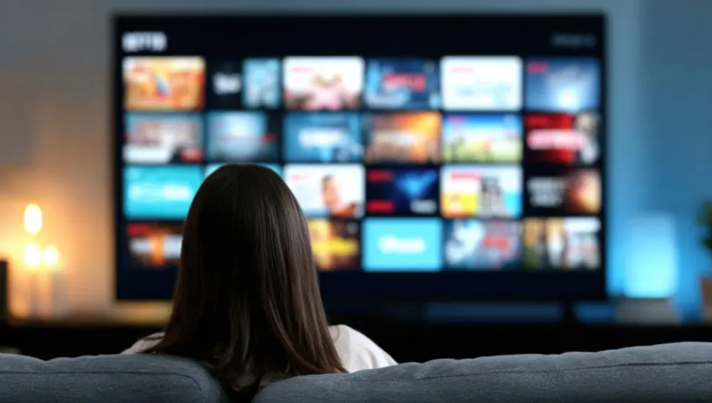 Smart TV displaying streaming application interface with content library in modern living room entertainment center, for streaming platform and FAST channel developer TV advertising campaigns.