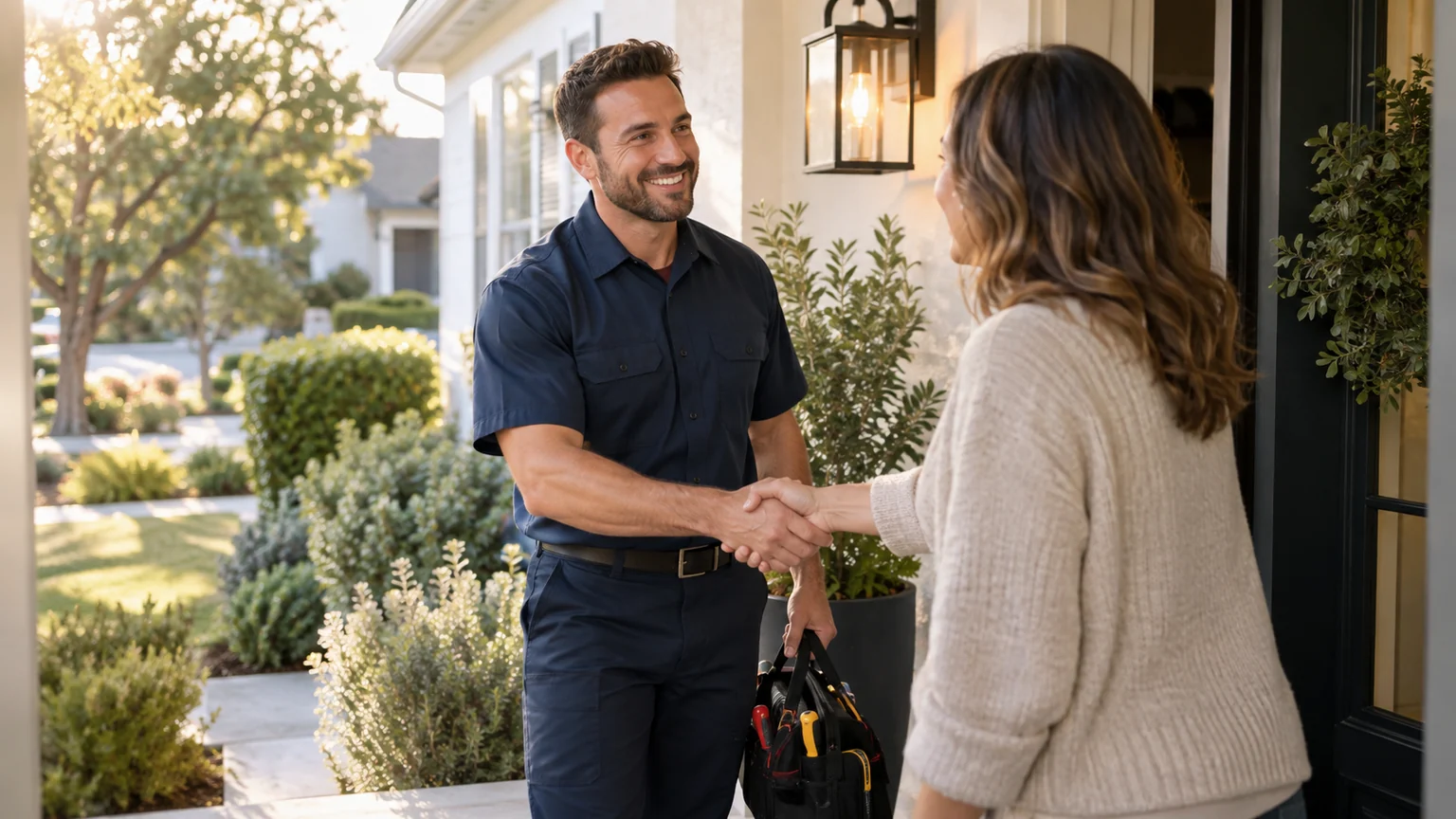 home services campaign with a technician greeting a homeowner
