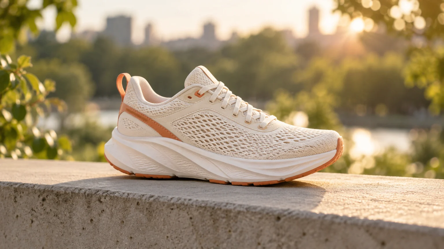 cream and burnt-orange running shoe on a sunlit concrete ledge